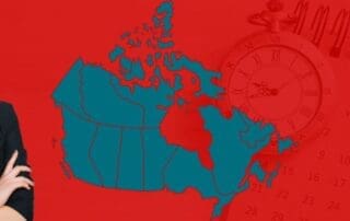 Government Contractor Payment Timelines Across Canada - government contractor in foreground with map of Canada and calendar with stopwatch in background.