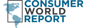 Logo of Consumer World Report featuring a map of the Americas within a rectangular outline beside bold text.