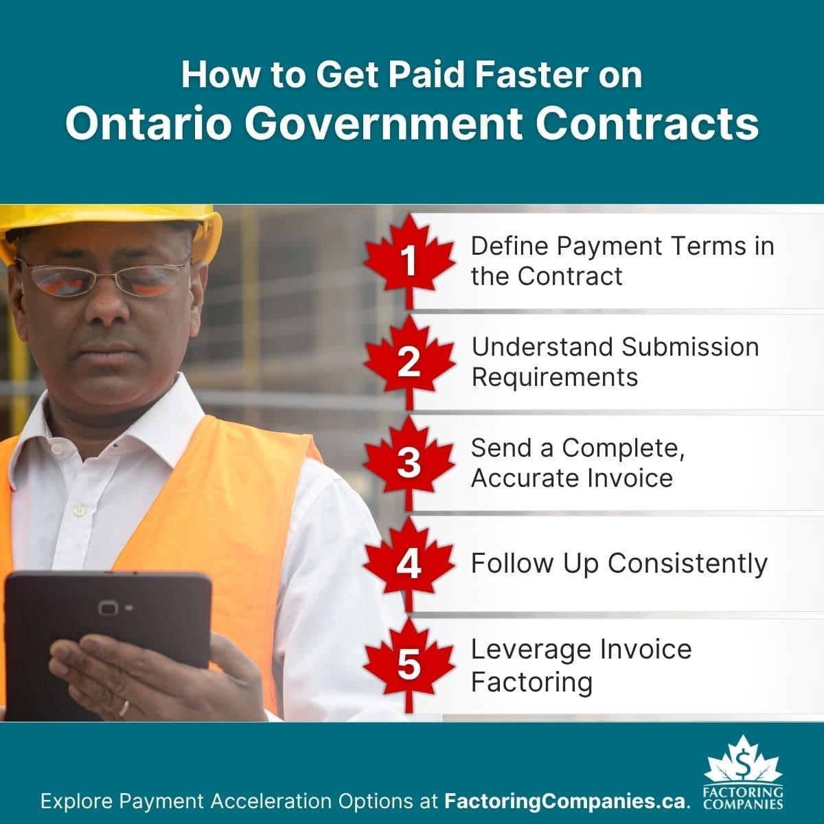 Infographic - Ontario Government Contractor Payment Terms What to Expect - How to Get Paid Faster on Ontario Government Contracts.