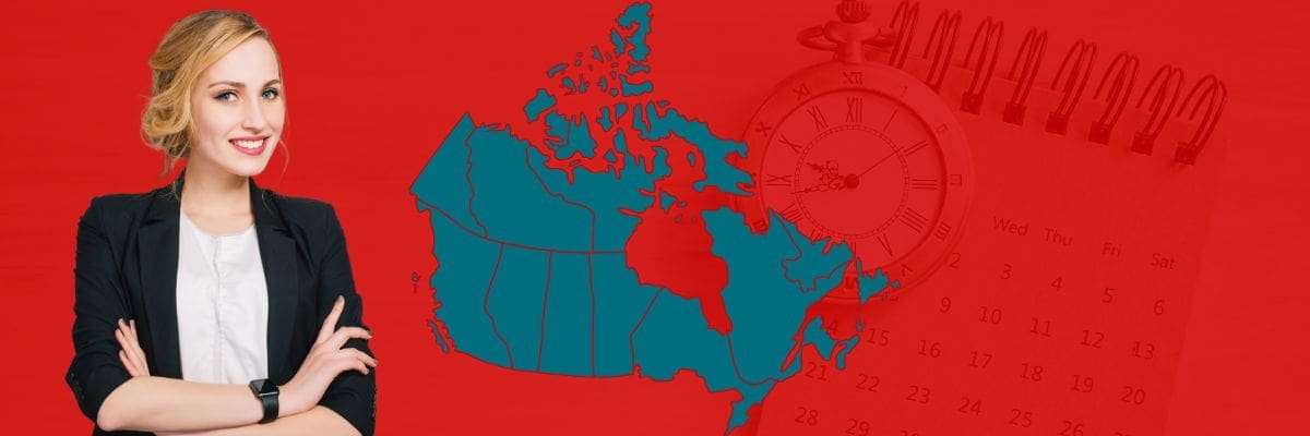 Government Contractor Payment Timelines Across Canada Government Contractor Payment Timelines Across Canada - government contractor in foreground with map of Canada and calendar with stopwatch in background.