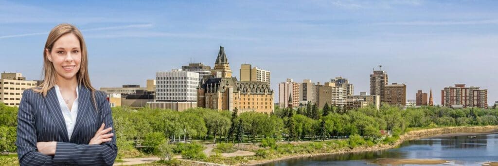 Guide to Saskatchewan Government Contractor Payment Terms - Businesswoman with Saskatchewan in background.
