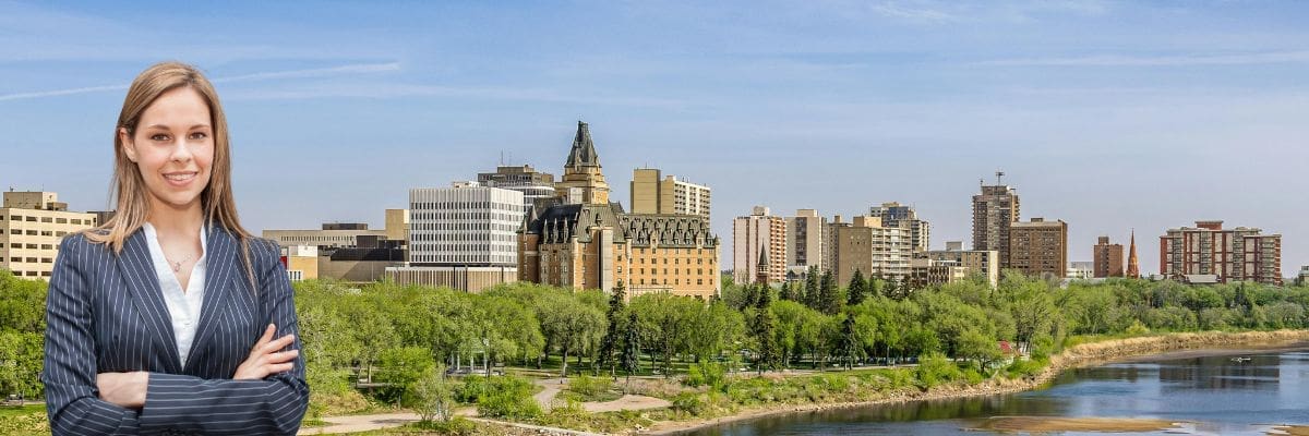 Guide to Saskatchewan Government Contractor Payment Terms - Businesswoman with Saskatchewan in background.